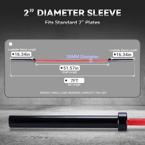 7FT/4 ft Home Gym Barbell Bar – 700LB/1500LB/500LB Capacity, Anti-Slip Knurling, Solid Steel, for Weightlifting, Strength Training - color: Red, size: 7FT-700lbs