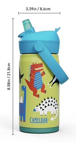 CamelBak Thrive Flip Straw Kids Insulated Stainless Steel Water Bottle with Bite Valve, Spill Resistant Easy Sip Design for School and Play, 12oz, Dino Jam - color: Dino Jam