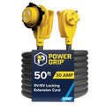 Camco Power Grip 50-Ft 30 Amp RV Extension Cord w/ 90° Heads Locking End -Features NEMA TT-30P Male & L5-30R Locking Female Connectors - Rated for 125V/3,750W - 100% Copper 10-Gauge Wire (55525) | 50 Ft, Nema Tt-30p to L5-30r Locking, 100% Copper 10 Awg,