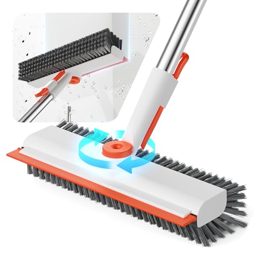 Floor Scrub Brush with Long Handle, 3 in 1 Deck Brush with Squeegee | 360° Swivel, Dual-side Bristle Floor Scrubber with Tweezer for Tile Wall Bathtub Patio Garage Pool Kitchen (Orange and White - color: Orange and White