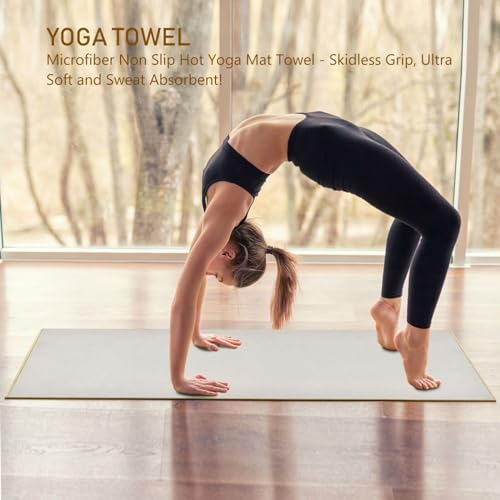 YETTASBIN Cream Yoga Mat Towel, Non Slip Sweat Absorbent Hot Yoga Towel Portable Lightweight Travel Workout Towel with Storage Bag for Home Yoga, Pilates, Fitness 73x 27 Inch