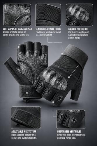 Fingerless Tactical Gloves for Gym, Motorcycle Gloves Hard Shell Knuckle Protection Leather Palm, Workout Cycling Airsoft Shooting Hunting Hiking Driving - size: Large