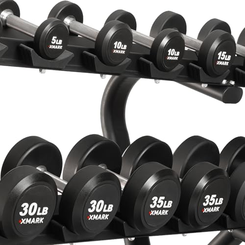 XMARK Dumbbell Weights Sets, 5-50lb and 5-75lb Dumbbell Sets, No Odor, Urethane Dumbbells, Commercial Gym and Home Gym Equipment - color: 02) 5-50lb Round & Modern Rack