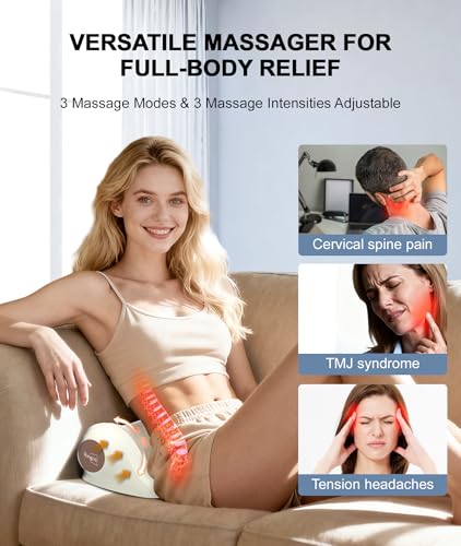 Neck Massager with Heat, Red Light & Vibration Adjustable, Heated Neck Stretcher with 3 Modes, Rechargeable Cervical Traction Device for Pain Relief & Muscle Relaxation, Gift for Women Men - color: Beige