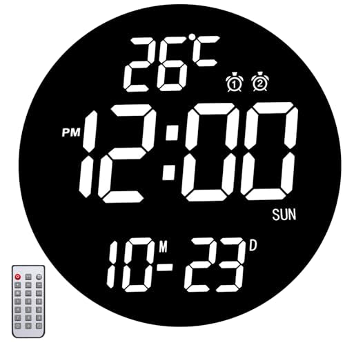 QINFIEY Large 12" White Digital Wall Clock with Remote Control | LED Display Plug-in Clock with 3 Brightness Levels & Temperature Display Perfect for Home, Gym, Classroom, Office - color: White, size: 12 Inch