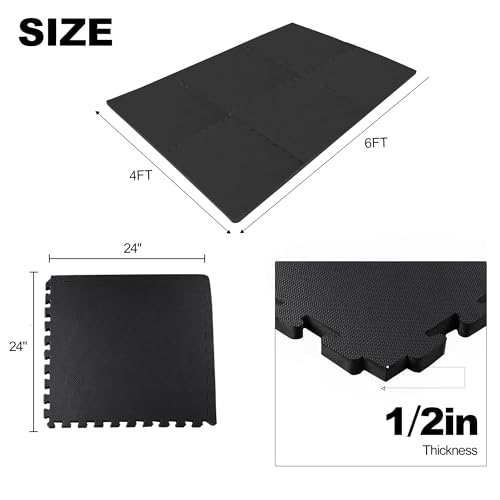 Elevon Puzzle Exercise Gym Flooring Mat, EVA Interlocking Foam Tiles Workout Mat for Home Gym, Fitness Equipment, MMA, Gymnastics, Shock-Absorbing Exercise Mat, Multi-Color - color: Black, style: 1/2"Th, 6 Tiles (24 Sq Ft)