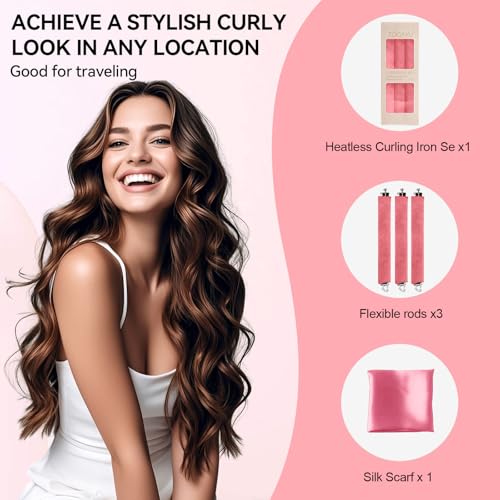 Heatless Curls Overnight Hair Care Set - Jumbo Velvet Hair Curlers | No Heat Hair Rollers for Women, Comfortable Sleep-In Hair Rollers with Satin Scarf, No Heat Damage Curling Rods for All Hair - color: Pink-8PCS