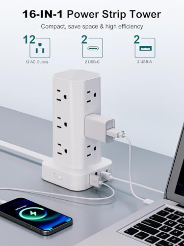 Power Strip Tower Surge Protector, 6FT Flat Plug Extension Cord with Multiple Outlets, 12 AC Outlets 4 USB (2 USB C), Desktop Charging Station with Surge Protection for Home Office Dorm Room, White - color: White, size: 6FT