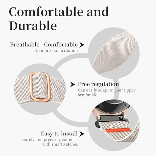 20mm Nylon Sport Ankle/Arm Band Compatibel with Galaxy Watch 7/6/5/4/FE 44mm 40mm/Watch 5 Pro/ 6 Classic 47mm 43mm/ 4 Classic Strap,Elastic Oberarmband Bicep Band for Women Men - color: starlight silver