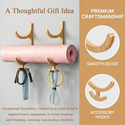 Wooden Yoga Mat Holder Wall Mount with 4 Hooks | Yoga Mat Storage Rack for Home Gym, Resistance Band and Jump Rope Organizer for Foam Roller, Fitness Equipment Storage