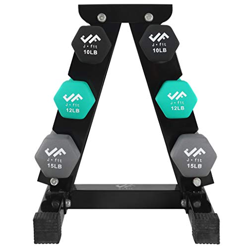 JFIT Dumbbell Pairs or Sets – Neoprene & Vinyl Coated Hand Weights for Home Gym, Strength Training, Aerobics, Cardio Exercise and Fitness - size: 74 lbs (Set), style: Dumbbell Set with Rack