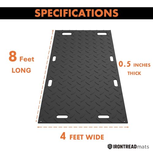 Ground Protection Mat 4’ x 8’ – ½” Thick - Recyclable HDPE Diamond Tread Pattern - Non-Slip Reusable Waterproof - Driveway & Construction Mats for Equipment & Landscaping – 5 Pcs Pack - size: 4' x 8' - 1/2"