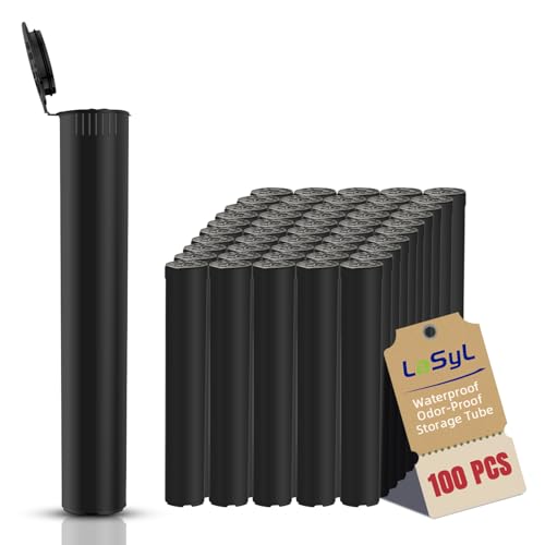 LaSyL 116mm Pre Roll Tubes, Waterproof Airtight Odor Sealing Smell Proof Container with Squeeze Pop Top, BPA Free, Black