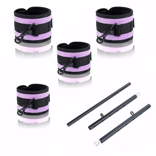 3 in 1 Heavy Duty Stainless Steel Expandable Spreader Bar with 4pcs PU Rose-Gold Adjustable Straps,Workout Bar for Home Gym Training Bar,Portable Detachable Pilates Kit - style: Black+Purple Furry Kit