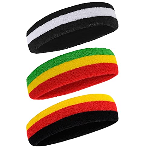 BEACE Sweatbands Sports Headband for Men & Women - Moisture Wicking Athletic Cotton Terry Cloth Sweatband for Tennis, Basketball, Running, Gym, Working Out - color: BWB/RYG/BRY