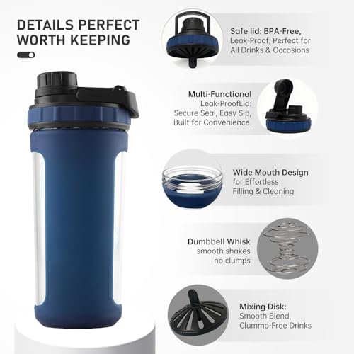 26oz Glass Protein Shaker Bottle, Stainless Steel Mixing Ball & Silicone Sleeve, Odorless, Leak-Proof, BPA-Free, Ideal for Smoothies & Workout Drinks (Steel Blue) - color: Steel Blue