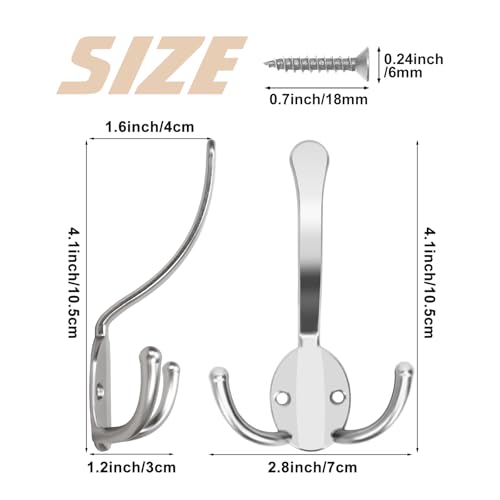 Homanu 14 Pack Coat Hooks Heavy Duty, Metal Three Prongs Large Coat Hooks Wall Mounted with 28 Screws, No Rust Silver Rustic Wall Hooks for Hanging Towel, Coat, Scarf, Bag, Hat, Cup, Key - color: 14 Pcs Silver