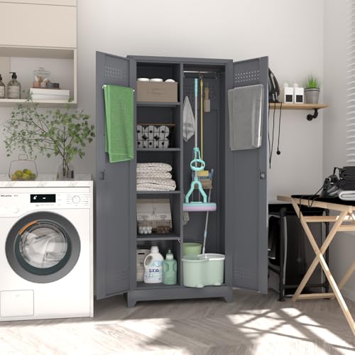 IRONFFICE Metal Garage Storage Cabinets,Metal Broom Closet Storage Cabinet,Utility Cabinets for Brooms and Mops,Steel Tall Cabinet with Shelves for Laundry Room,Bathroom,Home,Grey - size: 72"H x 31.5"W x 15.74"D-Grey