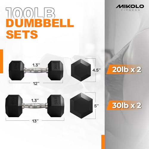 Mikolo Dumbbell Sets with Rack, Rubber Hex Dumbbells, Multiple Choices in 160/200/380/450/550LB, Hand Weights with Chrome Handle for Strength Training - style: 100LB SET (20/30LB Pairs)