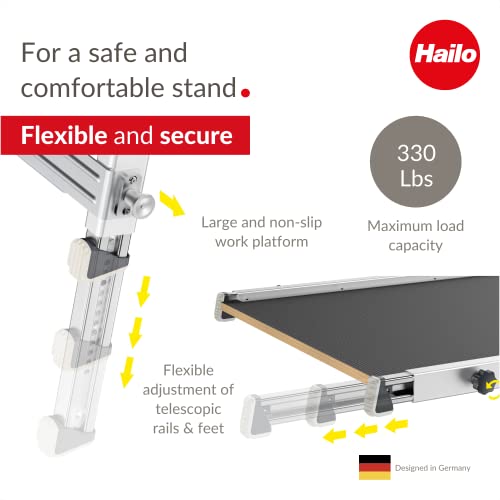 Hailo TP1 Staircase Platform - Length and Height-Adjustable Telescopic Rails and feet - Integrated Bubble Level - Two-Hand Safety Unlocking Mechanism - for use with Step stools & stepladders - style: TP1 (staircase)