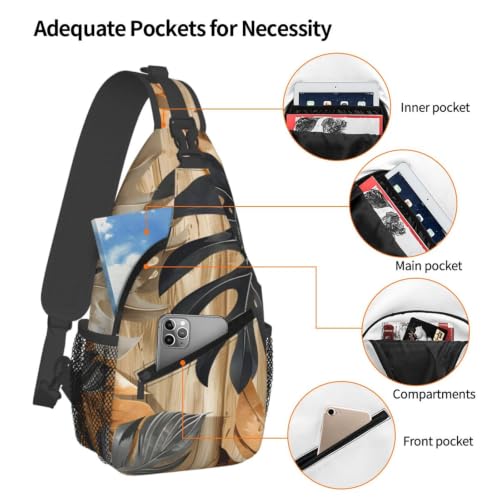 Wooden Leaf Motif Sling Bag for Women Men Lightweight Travel Sling Backpack Adjustable Shoulder Chest Bags Unisex Crossbody Backpacks for Outdoor Gym Cycling Hiking Daypack