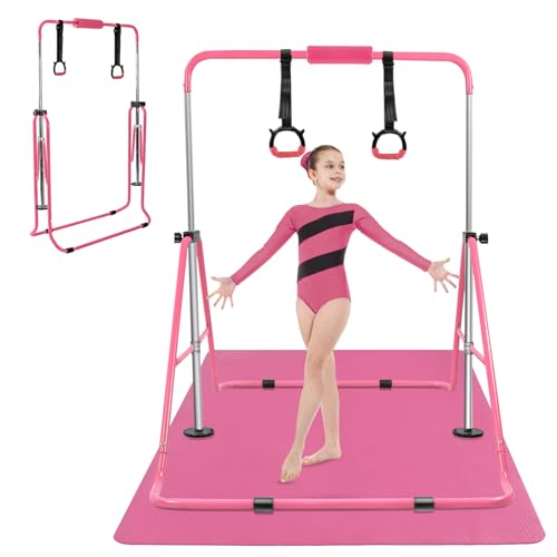 YEEGO DIRECT Gymnastics Bar for Girls Boys (A-G-E-S 3-10) with Rings, Folding Gymnastics Bars Horizontal Bar, Expandable for Home Training Gifts for Girls Boys - color: Pink & Black