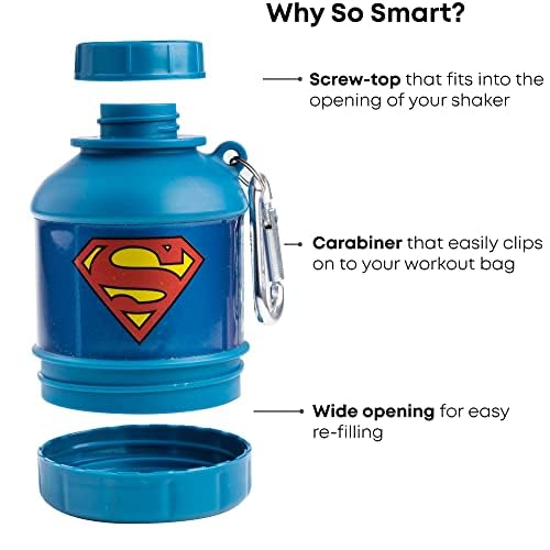 Smartshake Justice League Whey2Go Superman Protein Powder Storage Container 50g – BPA Free Shaker Bottle Funnel for Whey Protein Powder + Protein Shakes 110ml, DC Comics Superman Gifts for Men - color: Superman