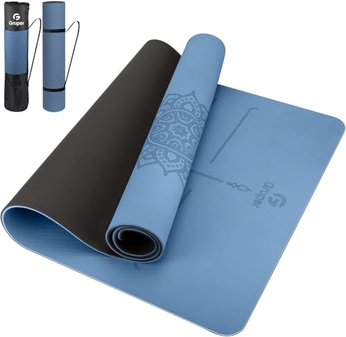 Gruper Yoga Mat Non Slip TPE Extra Wide Yoga Mat with Alignment Mark, 72"L x 32"W x 0.32"/0.24"Th (183cm x 80cm x 8mm/6mm), Anti-Tear Exercise Mat with Carrying Strap and Bag, Workout Mats for Yoga, Pilates - color: Blue Black, size: 0.24*32*72 Inches