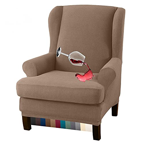 Granbest Premium Water Repellent Wingback Chair Cover 2-Piece High Stretch Jacquard Fabric Wing Back Chair Slipcovers (Wing Chair Cover, Camel) - color: Camel