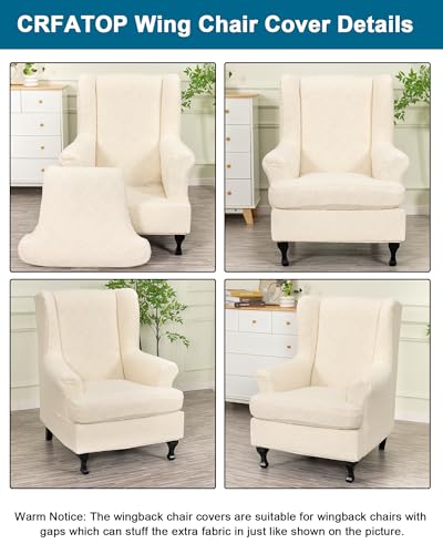 CRFATOP 2 Piece Stretch Wingback Chair Cover Jacquard Wing Chair Slipcovers Spandex Fabric Wingback Armchair Covers with Elastic Bottom for Living Room Bedroom Wingback Chair,Beige - color: Color C27-beige