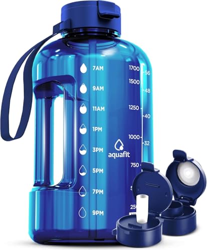AQUAFIT Half Gallon Water Bottle with Time Marker | BPA Free Half Gallon Water Bottle with Straw and Chug Lids - Leakproof Gym Water Bottle with Carry Handle (Blue) - color: Blue, size: 64 Ounces