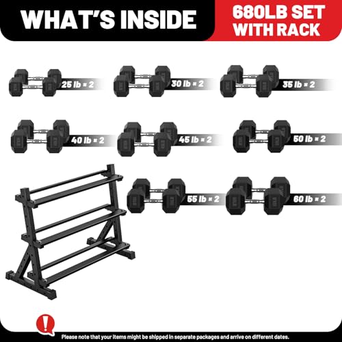 PAPABABE Dumbbell Set with Rack, 540-850lb, Rubber Encased, Home Gym | Complete & Durable Cast Iron Core Odorless PVC Antiroll Hex Shape Ergonomic Chrome Handle Versatile Home Gym - size: 680LB with 3-Tier Weight Rack