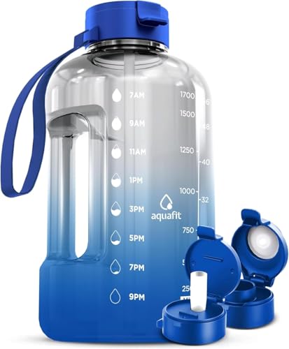 AQUAFIT Half Gallon Water Bottle with Time Marker | BPA Free Half Gallon Water Bottle with Straw and Chug Lids - Leakproof Gym Water Bottle with Carry Handle (Blue Skies) - color: Blue Skies, size: 64 Ounces