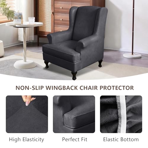 ANARACHON Leather Look Wingback Chair Covers, 2-Piece Wing Chair slipcover,Stretch Wing Back Armchair Slipcovers with Elastic Bottom, Soft Spandex Furniture Protector for Living Room (01 Dark Grey) - color: Dark Grey #1