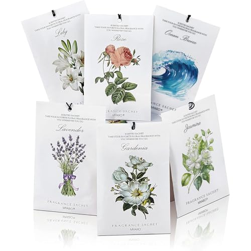 MYARO 12 Pack Assorted Floral Scented Sachets - Lavender, Rose, Jasmine, Ocean, Gardenia & Lily | Drawer, Closet & Car Air Freshener Bags | Multi-Scent Home Fragrance Gift Set - color: Floral 6 Scent