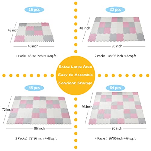 Foam Play Mat for Baby, 0.4 Inch Thick Foam Interlocking Floor Mats, Soft Non-Toxic Baby Playmat, Solid Colored Puzzle Play Mat Kids Floor Mats for Toddler, 16 Tiles(White/Light Gray/Pink) - color: White/Light Gray/Pink, size: 16 Pcs/47.2*47.2
