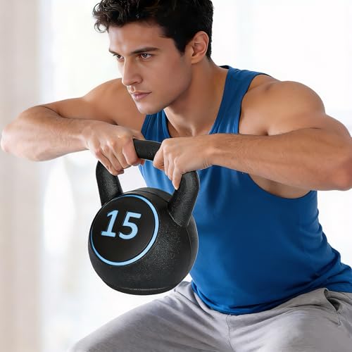 JupiterForce 3-Piece Kettlebell Set, 5lb 10lb 15lb Cast Iron Kettlebells with Storage Rack, Anti-Slip Grip, Flat Bottom for Home Gym Strength Training & Full Body Workout
