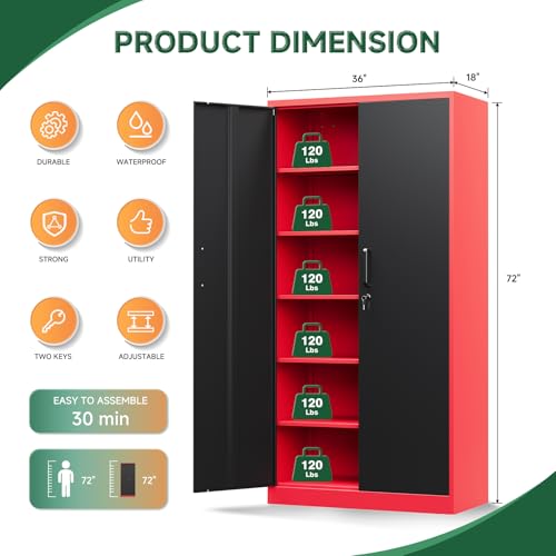 Letaya Metal Garage Storage Cabinets with Lock, 72" Tall Locker Organizer Steel Tool Cabinets,5 Adjustable Shelves 2 Doors for Home Office, Warehouse,Garage,Industrial,Employee (Black Red) - color: Black Red, size: 72 X 36 X 18 In(H X W X D)