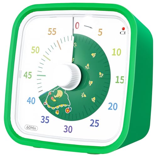 Yunbaoit Dinosaur Visual Timer for Kids, 60-min Countdown Timer, Green | Protective Case, No Ticking, Mute and Ringing Alarm Available, Time Management Tool, Low Power Reminder, for Study,Game,Work - color: Green Dinosaur