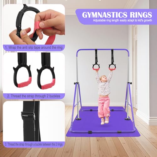 YEEGO DIRECT Gymnastics Bar for Girls Boys (A-G-E-S 3-10) with Rings, Folding Gymnastics Bars Horizontal Bar, Expandable for Home Training Gifts for Girls Boys - color: Purple & Black