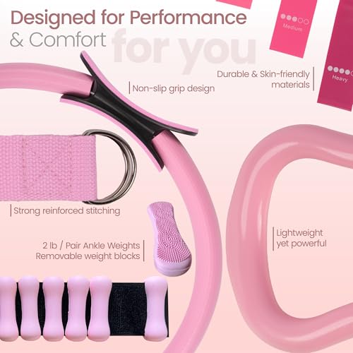 19 PCS Pilates Kit for Home Workouts - Pilates Equipment Set, 14.5" Pilates Accessories with Adjustable Wrist Weights, Pilates Ring and Ball, 5 Resistance Bands, Core Sliders, Socks