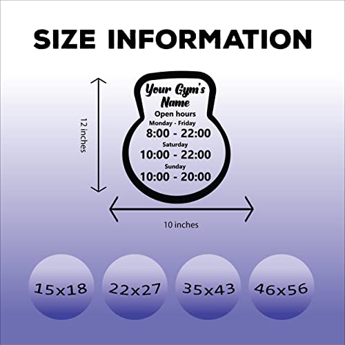Gym Open Decal with Opening Hours in Creative Frame in Shape of Kettlebell - Business Hours Sticker for Windows Doors Walls - Custom Signs for Business Gyms Fitness - color: Dec 15