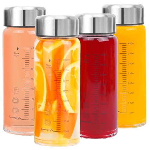 Glass Juice Bottles 4 Pack 16 oz - Wide Mouth Glass Water Bottles with Lids - for Juicing, Smoothies, Milk, Protein, BPA Free, Reusable, Stainless Steel Lids, Leak Proof, Shaker bottle (500 ml) - color: 4-Pack, size: 16 oz/500 ml
