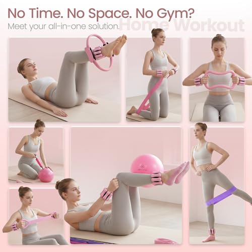 19 PCS Pilates Kit for Home Workouts - Pilates Equipment Set, 14.5" Pilates Accessories with Adjustable Wrist Weights, Pilates Ring and Ball, 5 Resistance Bands, Core Sliders, Socks
