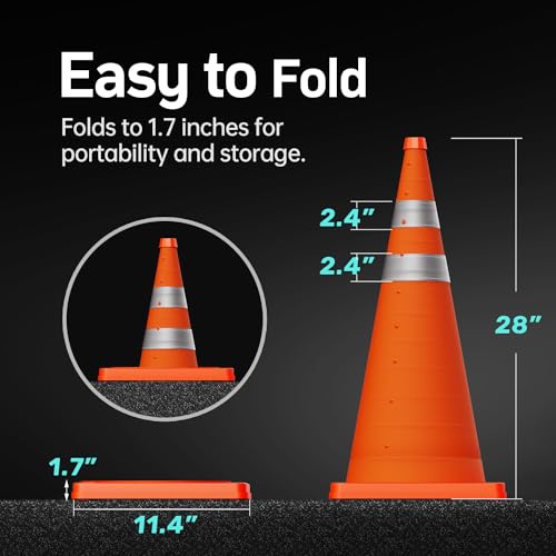 BATTIFE [6 Pack] 28 Inch Collapsible Traffic Safety Orange Cones, Multi Purpose Pop-up Cones and Reflective Collar, for Road Parking, Driving Practice - size: 28inch