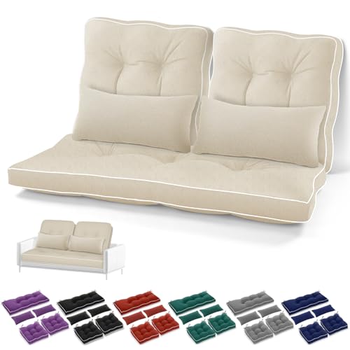 Chunful Set of 5 Outdoor Bench Cushions Set 44 x 19 Inch Tufted Waterproof Patio Furniture Seat Pad with Throw Pillows Loveseat Cushion for Square Settee Indoor Sofa Wicker Couch (Beige White) - color: Beige White
