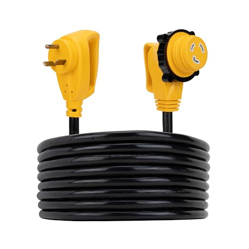 Camco PowerGrip 25-Ft 30 Amp RV Extension Cord w/90° Locking End - Features NEMA TT-30P Male & Marine-Style L5-30R Locking Female Connectors - Rated for 125V/3,750W - 100% Copper 10-Gauge Wire (55524) | 25 Ft Length, 30 Amp, 750W) Rating, Nema Tt-30p Male