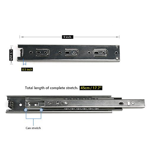 URBEST 2 Pairs 9" Full Extension Ball Bearing Telescopic Drawer Slides Slide Rails (9 inch)