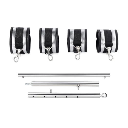 3 in 1 Heavy Duty Stainless Steel Expandable Spreader Bar with 4pcs PU Rose-Gold Adjustable Straps,Workout Bar for Home Gym Training Bar,Portable Detachable Pilates Kit - style: Silver+Silver PU Kit