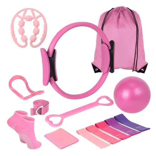 Pilates Equipment Kit for Home Workout, Pilates Ring and Ball Set with 5 Resistance Bands, mag-ic Circle Compact Toning Fitness Essentials Starter Set Accessories, Core Sliders, Socks, Bag - color: pink